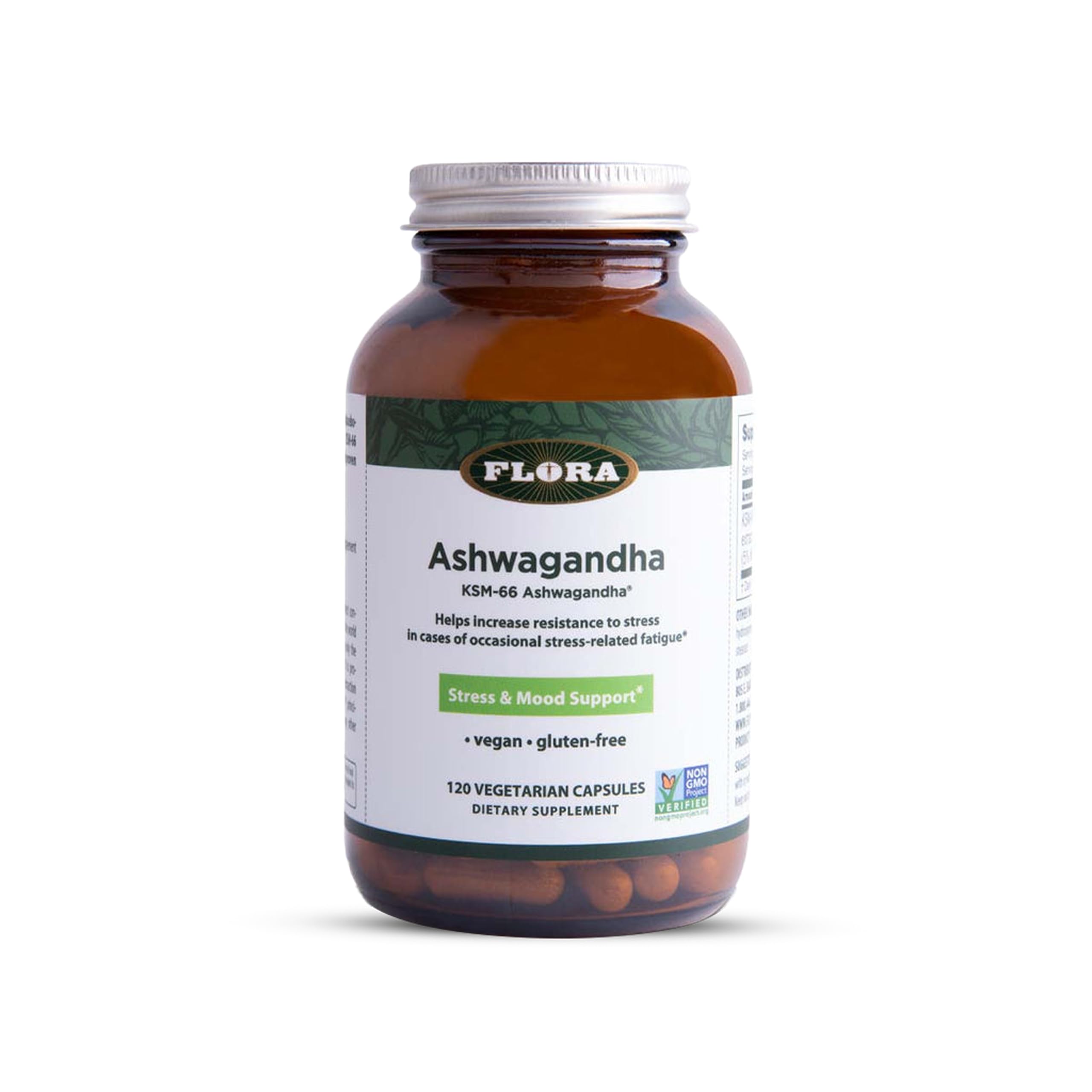 Flora Ashwagandha KSM-66 capsules in a bottle offer stress support.