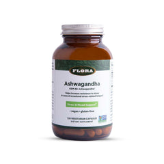 Flora Ashwagandha KSM-66 capsules in a bottle offer stress support.