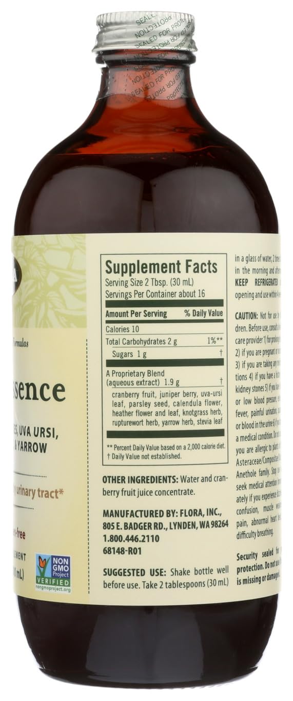 Flora Cran-Essence label closeup highlighting cranberry-based formula for everyday wellness