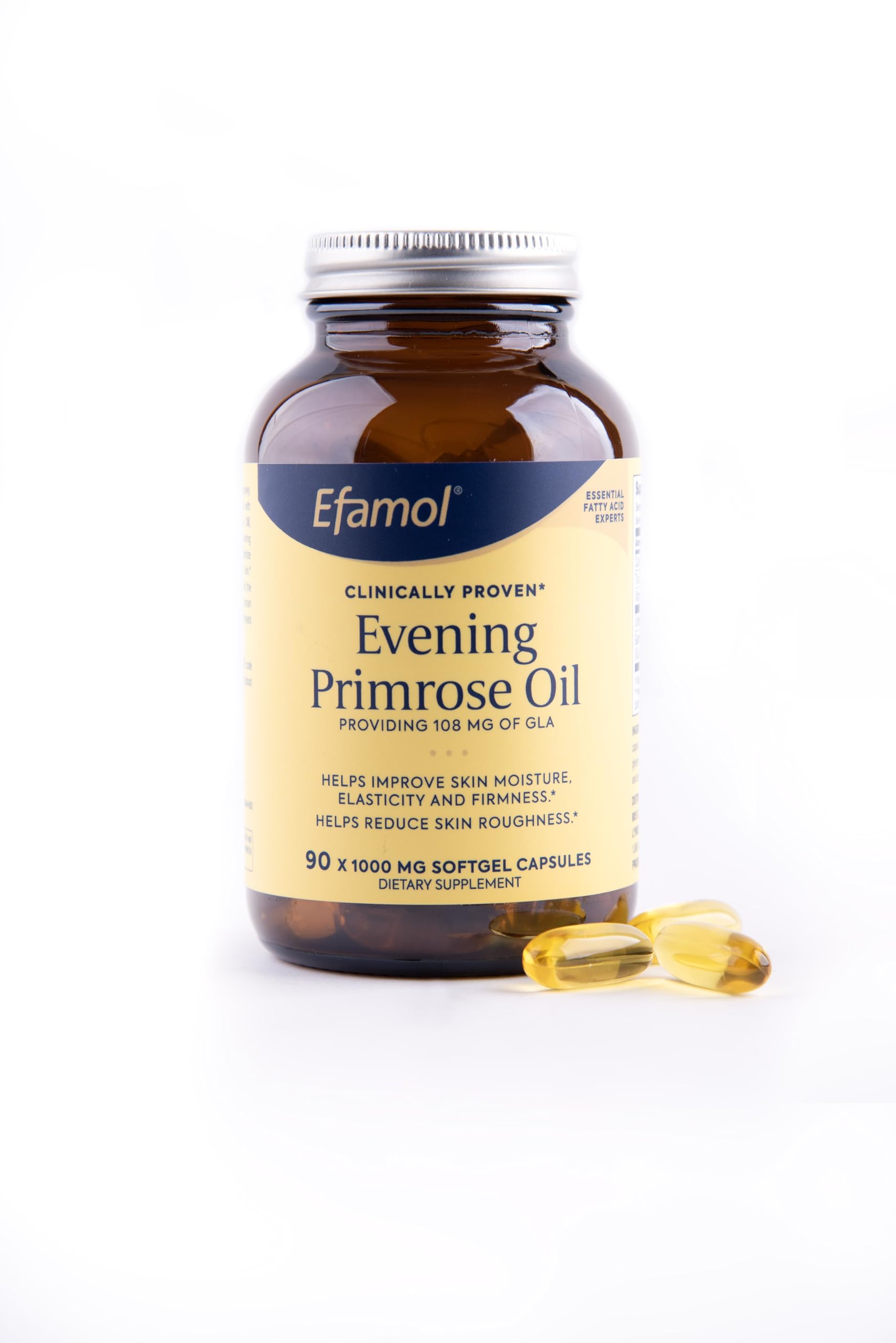 Flora Efamol Evening Primrose Oil packaging on counter, emphasis on purity.