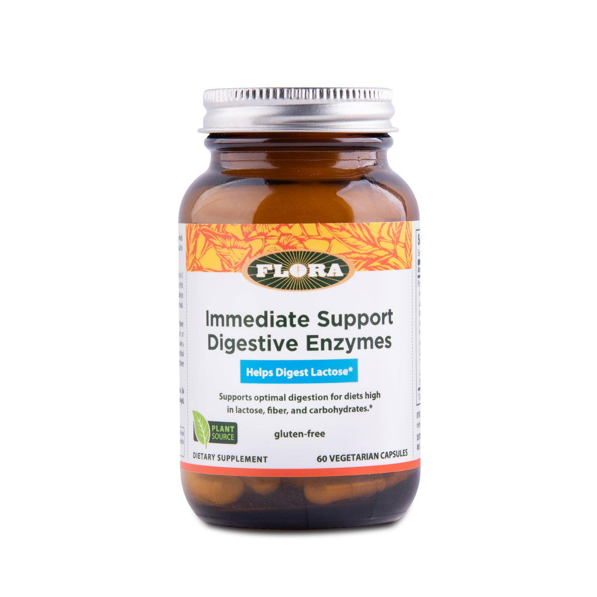 Flora Enzyme Blend bottle front with seven enzymes for nutrient absorption.