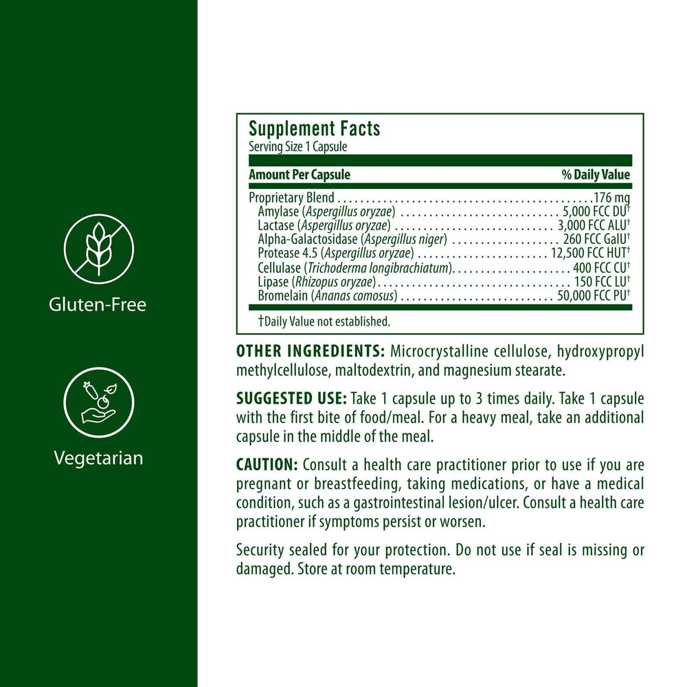 Flora Enzyme Blend capsules close-up highlighting vegetarian enzymes for digestion.