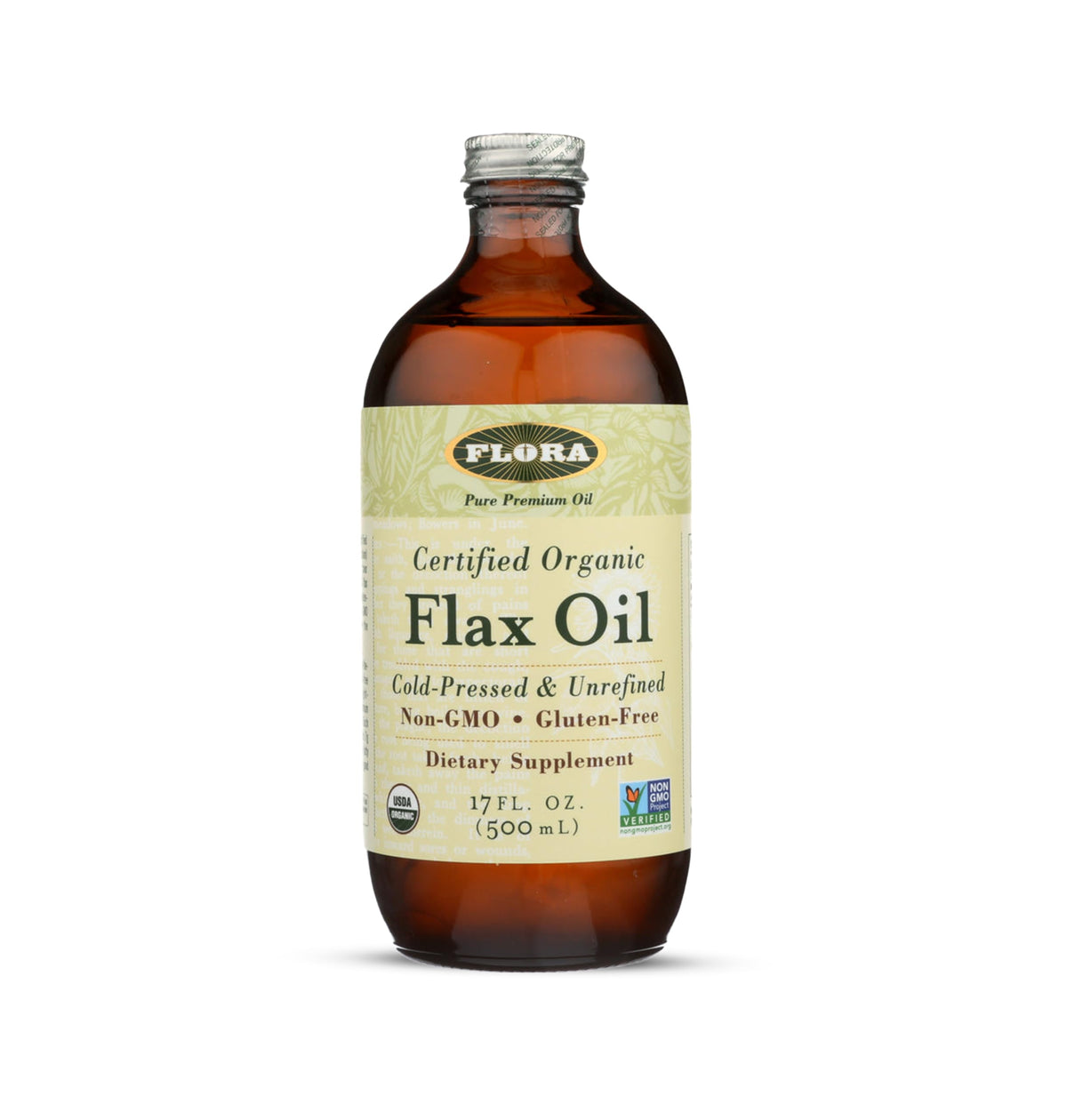Flora Flax Seed Oil in an amber bottle for daily omega-3 nourishment.