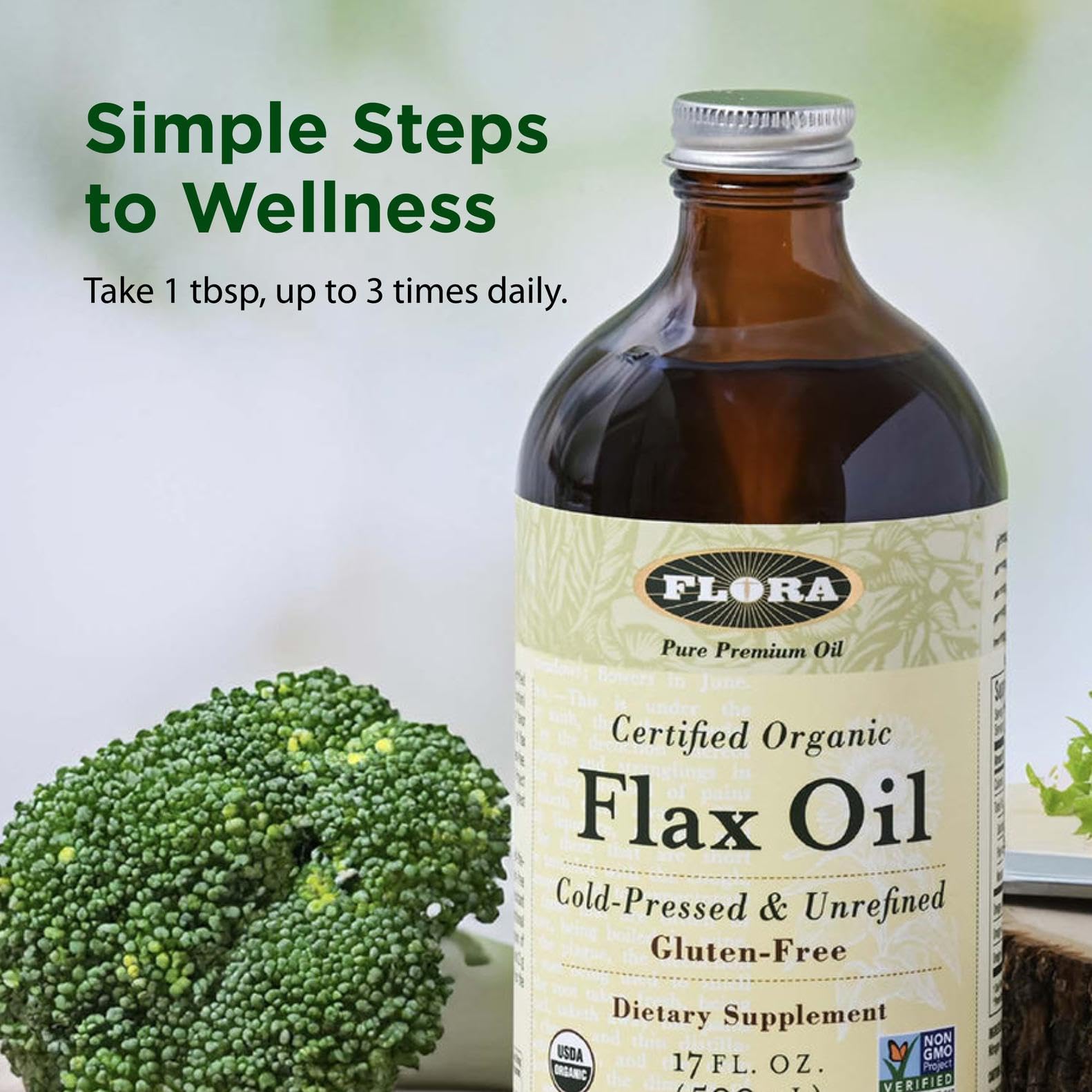 Flora Flax Oil in fridge to maintain freshness.