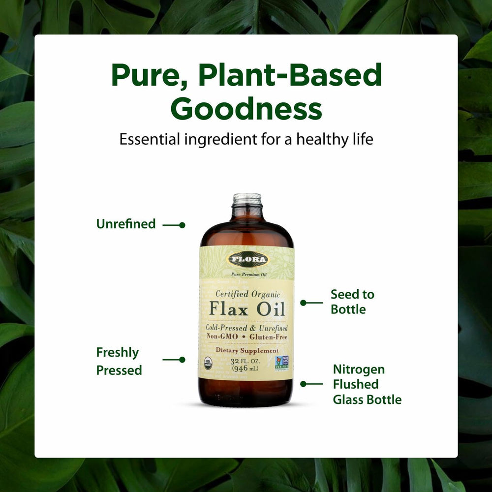 Flora Flax Oil glass close-up highlighting amber preservation.