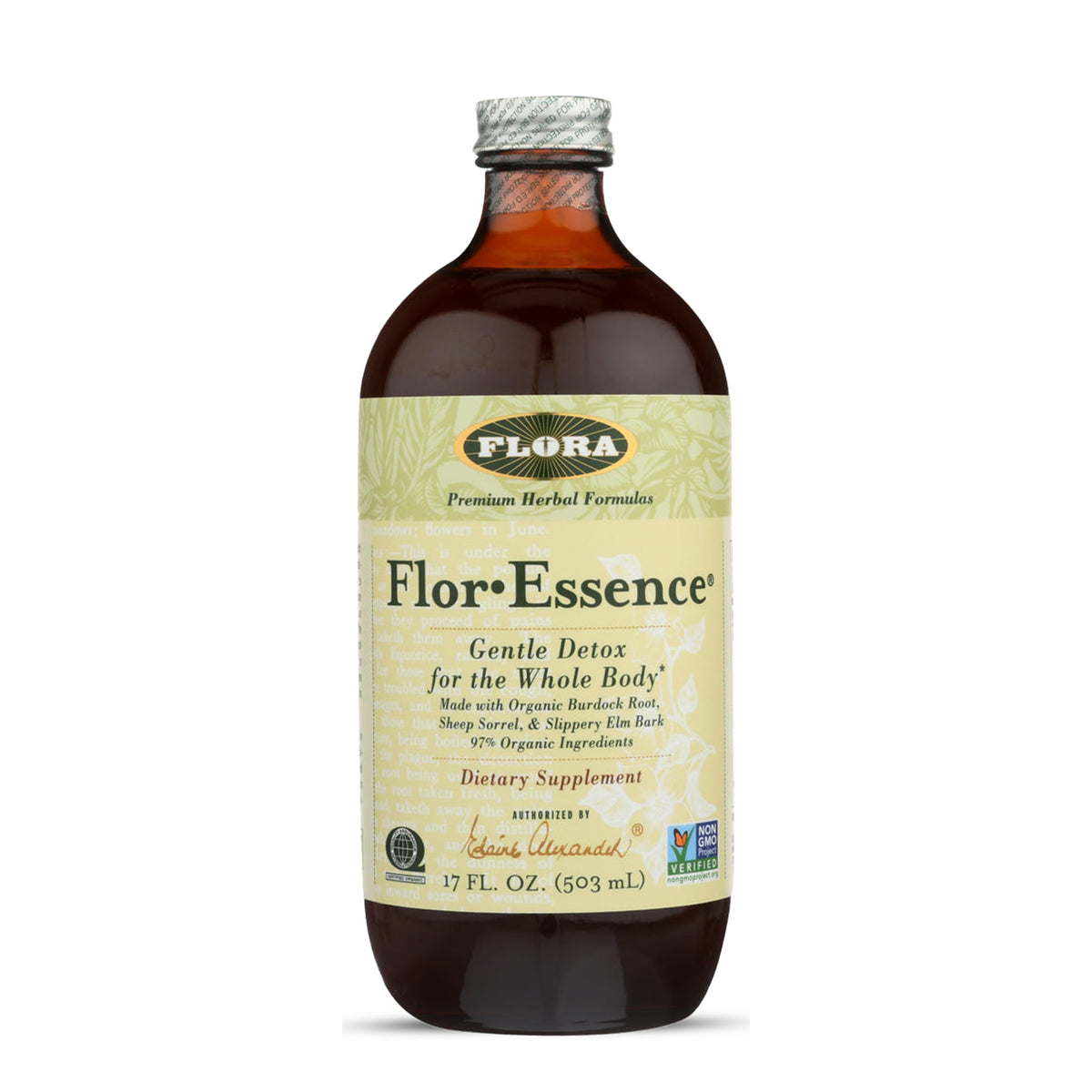 Flora Flor-Essence bottle shows the eight-herb blend for gentle daily wellness.