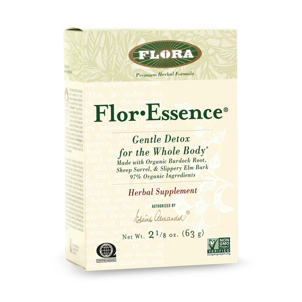 Flora FlorEssence dry tea blend in glass bottle for gentle daily cleansing.