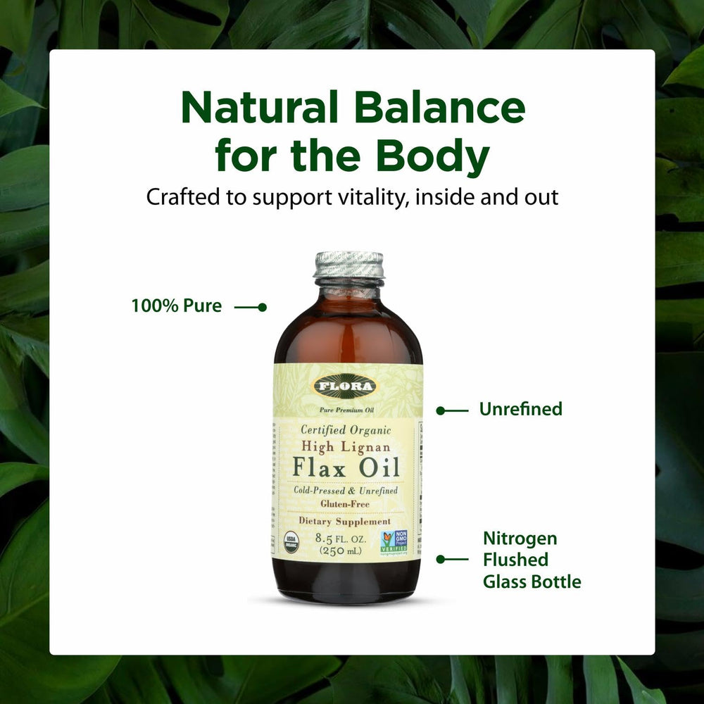 Flora Flax Oil label close-up showing organic, non-GMO, gluten-free promise.