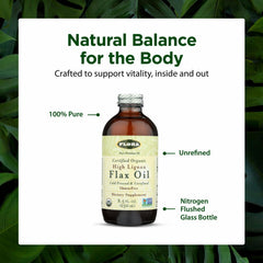 Flora Flax Oil label close-up showing organic, non-GMO, gluten-free promise.