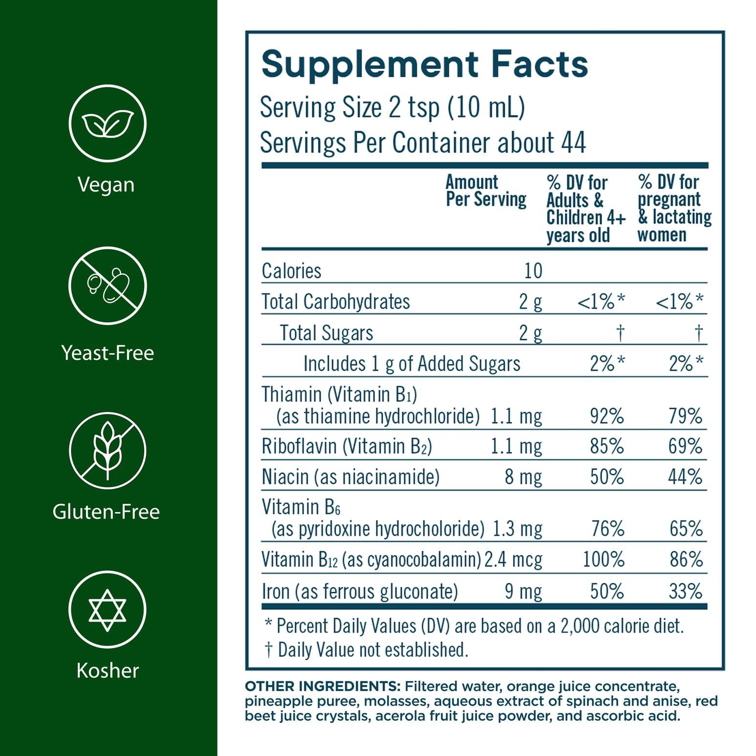 Close-up of Flora Iron liquid formula with fruit-based B vitamins