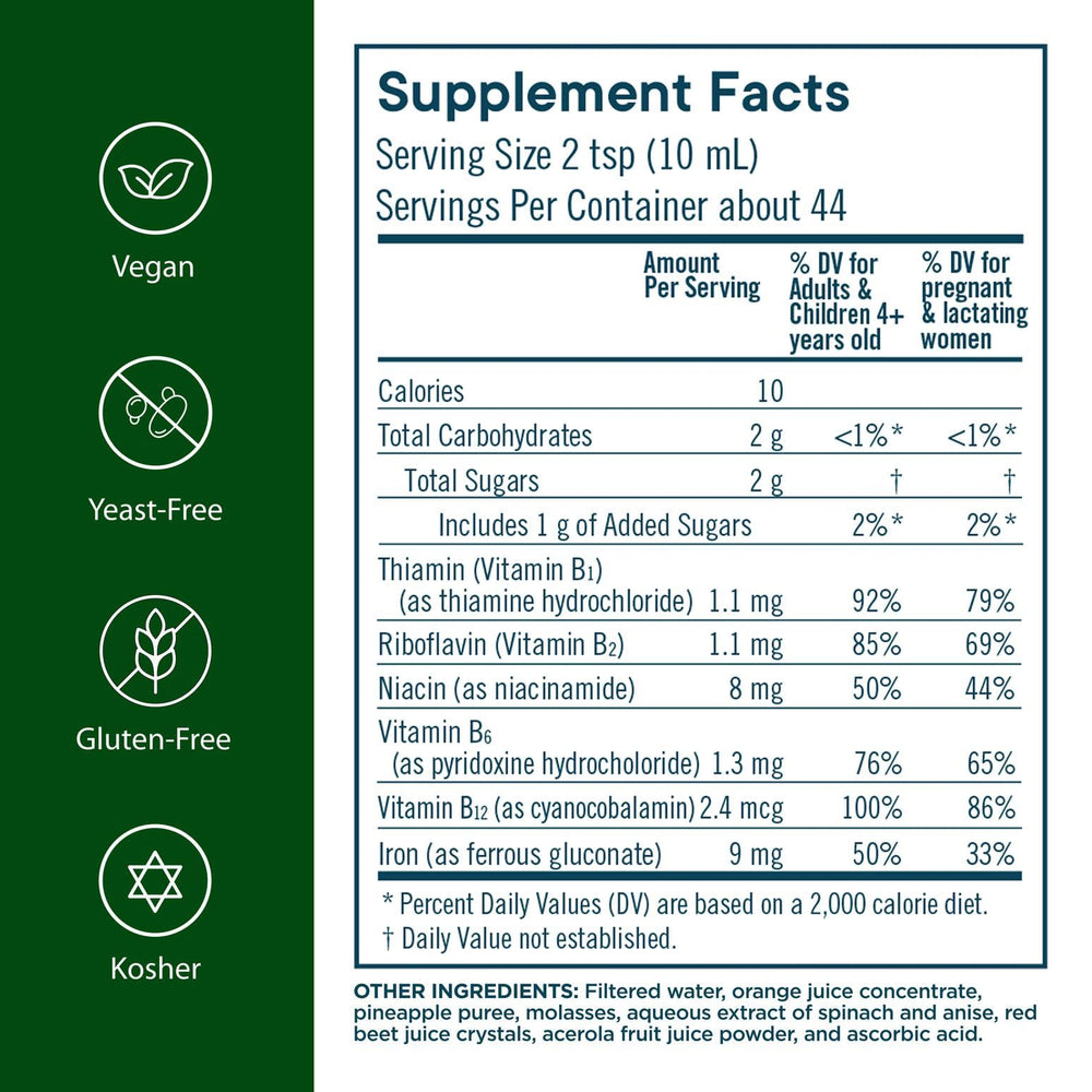 Close-up of Flora Iron liquid formula with fruit-based B vitamins