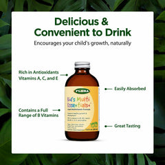 Flora Kids Multi Essentials Plus label closeup emphasizing vegan, gluten-free, dairy-free