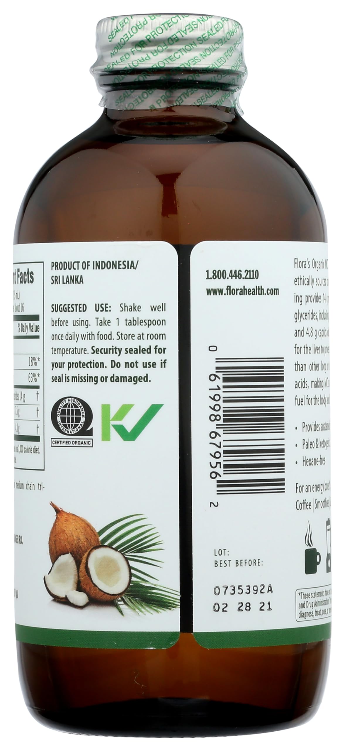 Ingredients and organic certifications displayed for Flora MCT oil.