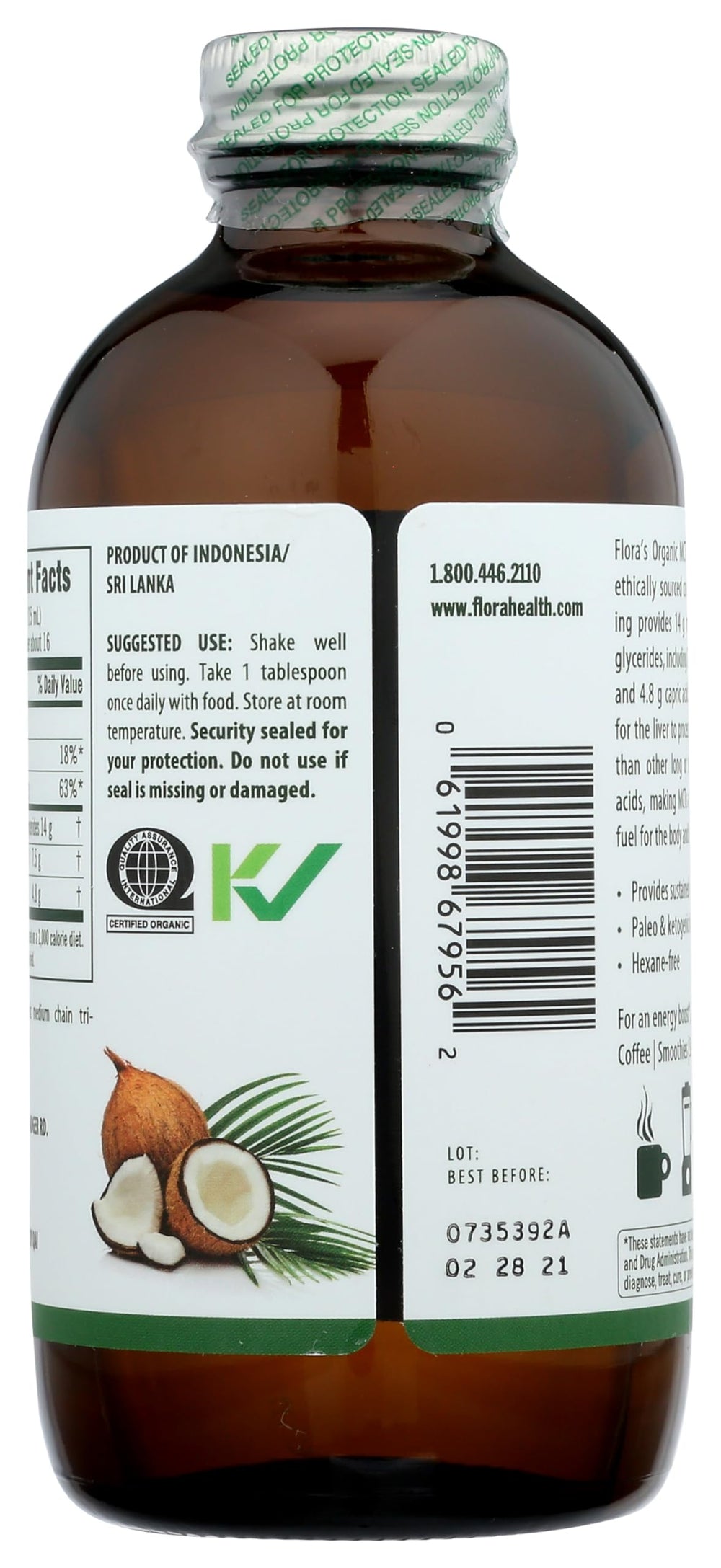Ingredients and organic certifications displayed for Flora MCT oil.