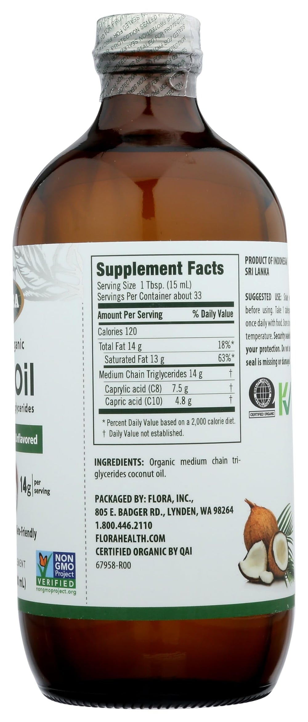 Flora MCT oil label on glass bottle showcasing organic and keto-friendly ingredients.