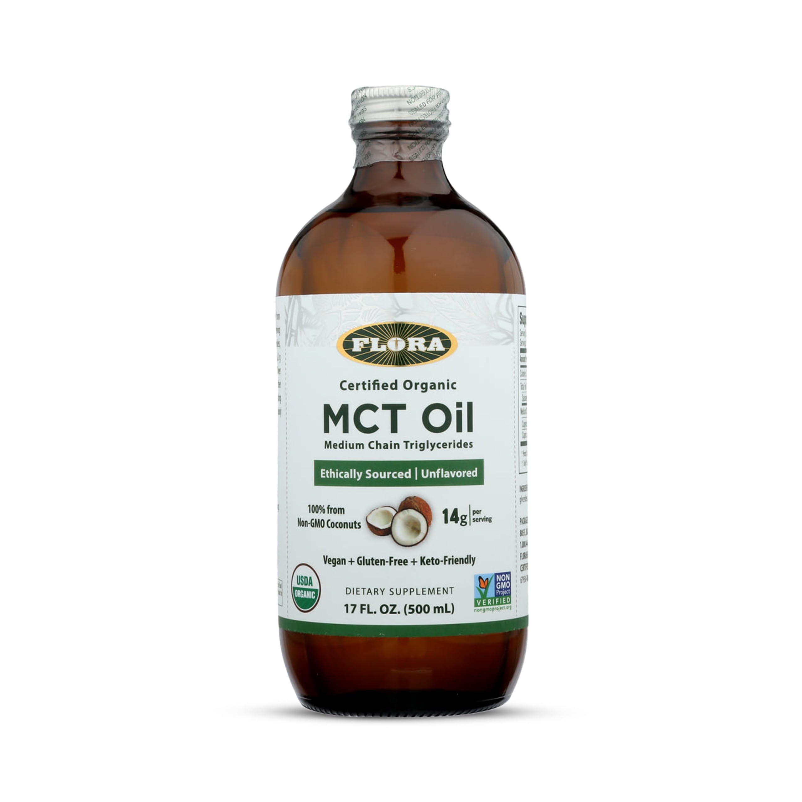 Flora MCT Oil bottle shows organic energy boost for daily routines