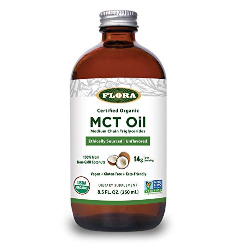 Vegan and gluten-free icons with Flora MCT oil bottle.