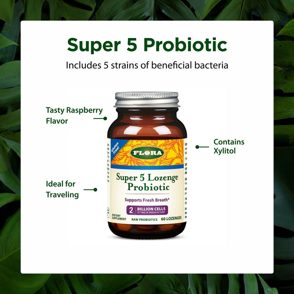 Flora oral probiotic lozenge shown benefiting gums, teeth, and breath balance.