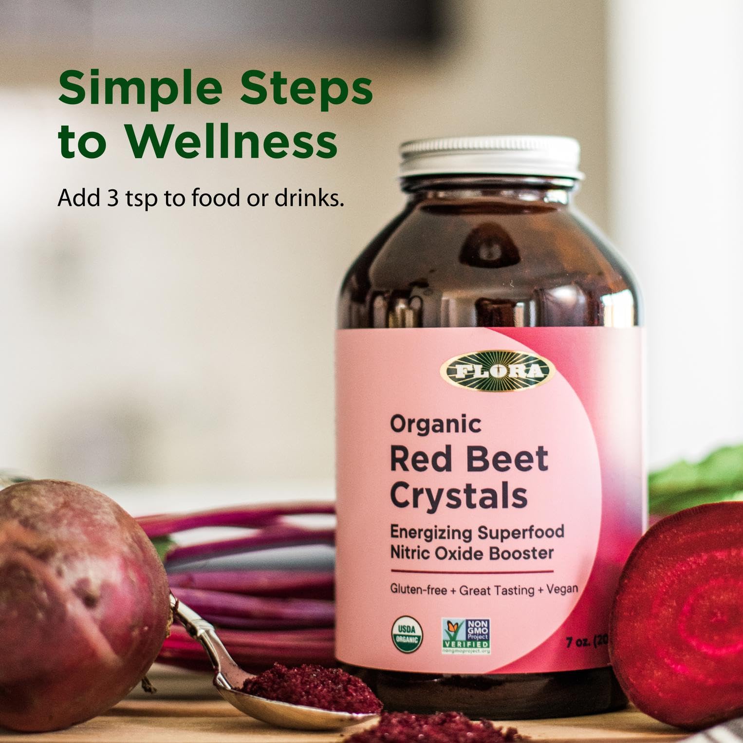 Flora Organic Beet Crystals label emphasizes organic, vegan, gluten-free qualities.