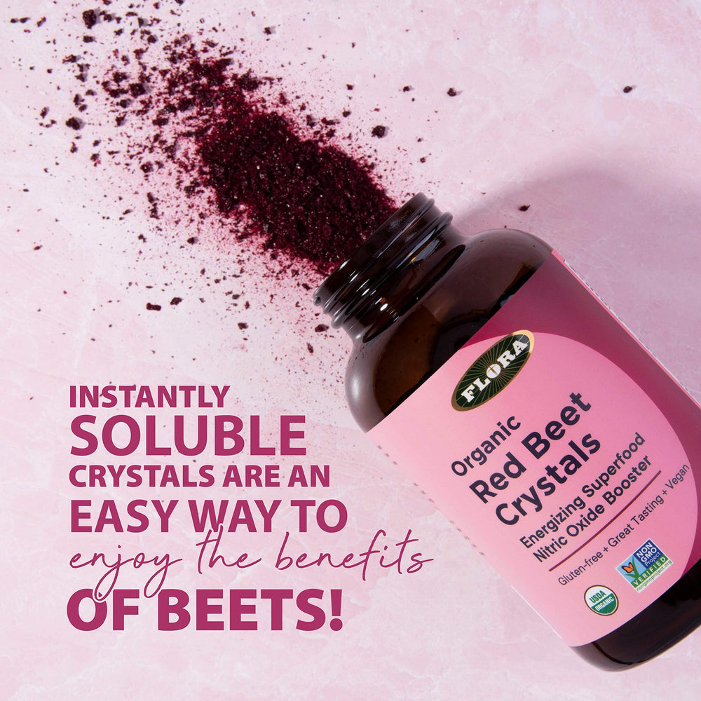 Flora Organic Red Beet Crystals nutrition panel highlights clean sourcing.