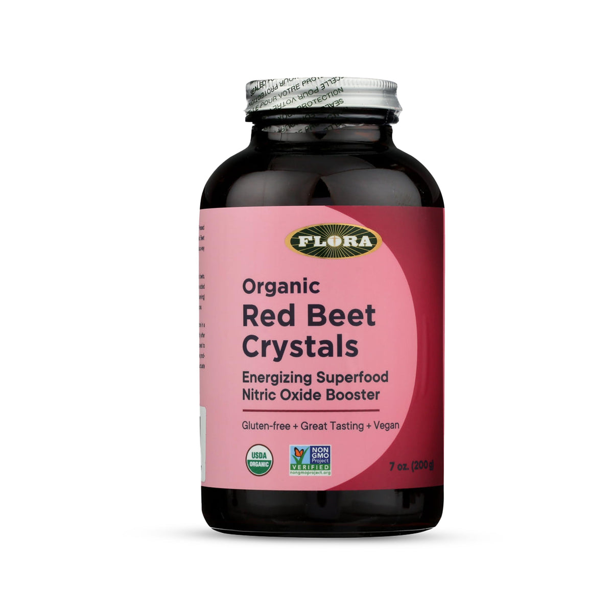 Flora Organic Red Beet Crystals packaging highlights vegan, non-GMO quality.