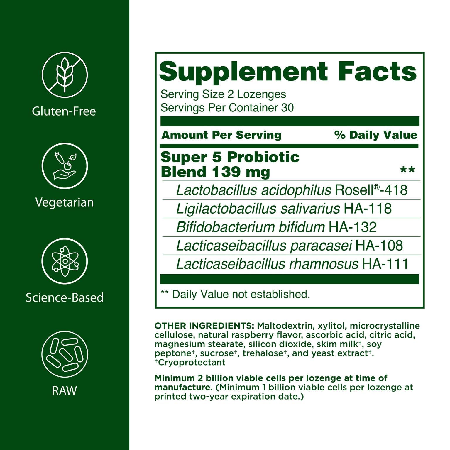 Flora raspberry-flavored probiotic lozenge dissolving in mouth for easy daily use.