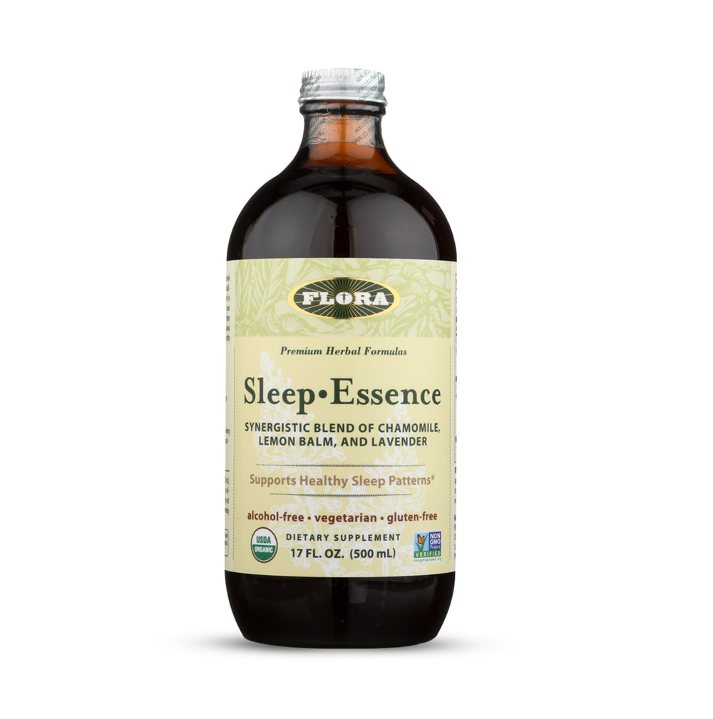 Flora Sleep Essence bottle pour shows calming herbal blend for bedtime