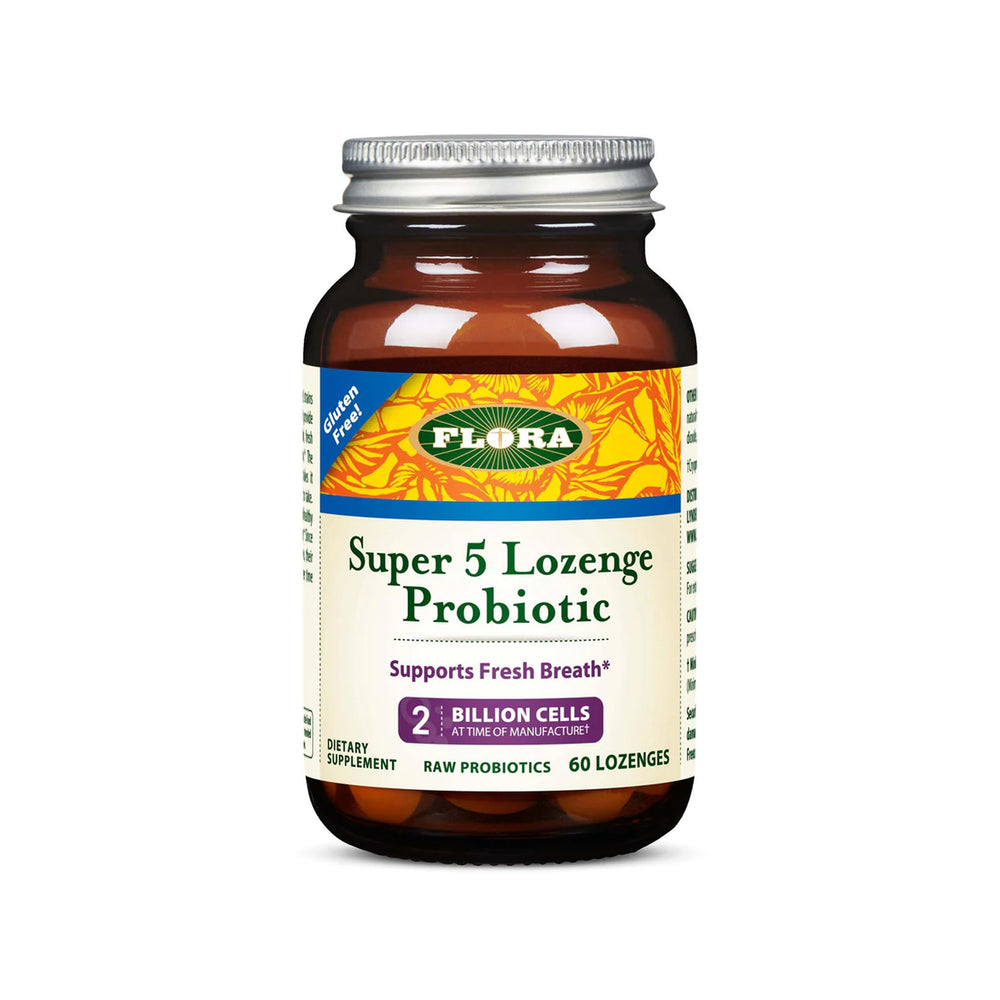 Flora Super 5 probiotic lozenge raspberry pack promotes balanced gut microflora and fresh breath.