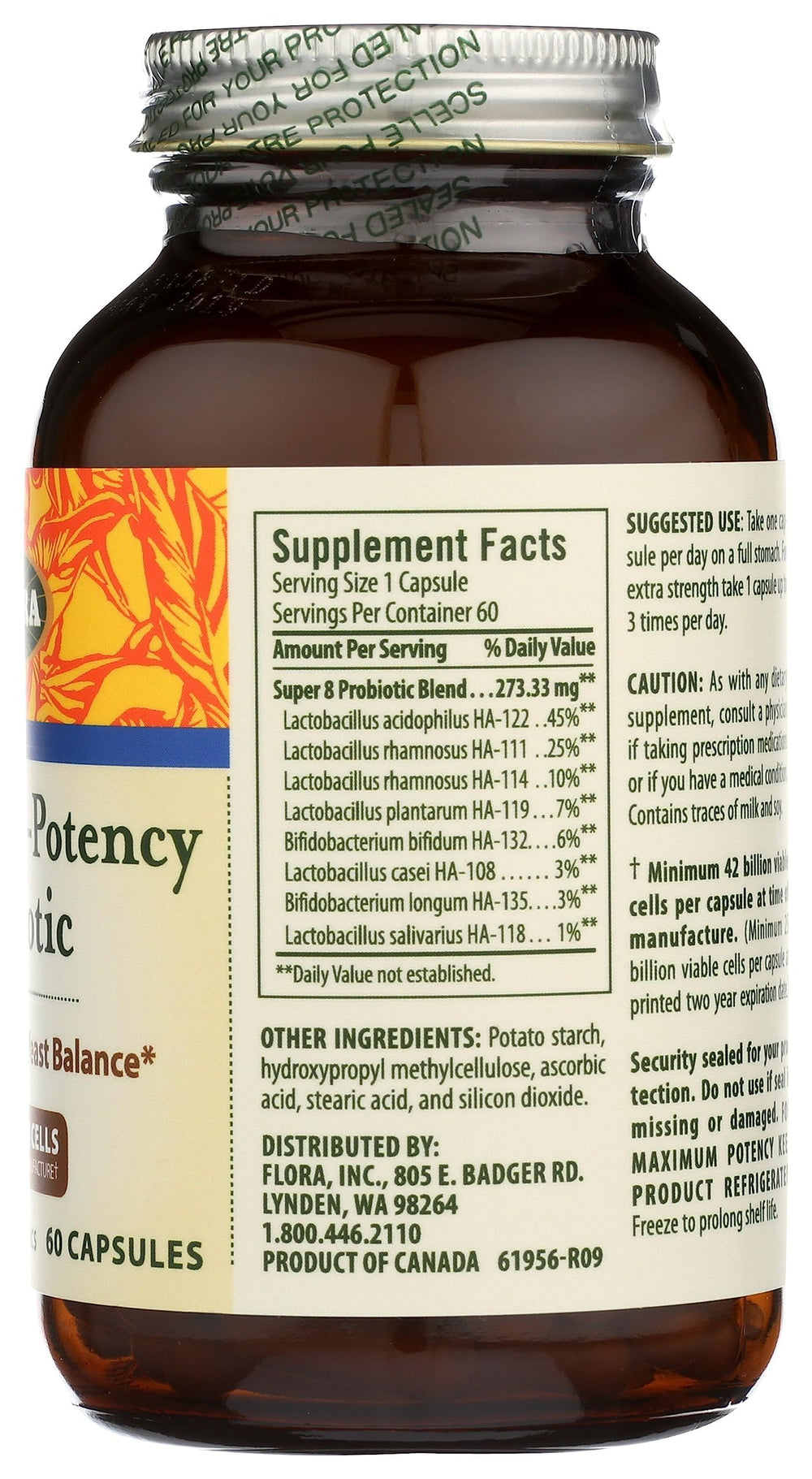 Flora Super 8 capsules packaging emphasizing gluten-free vegetarian formula