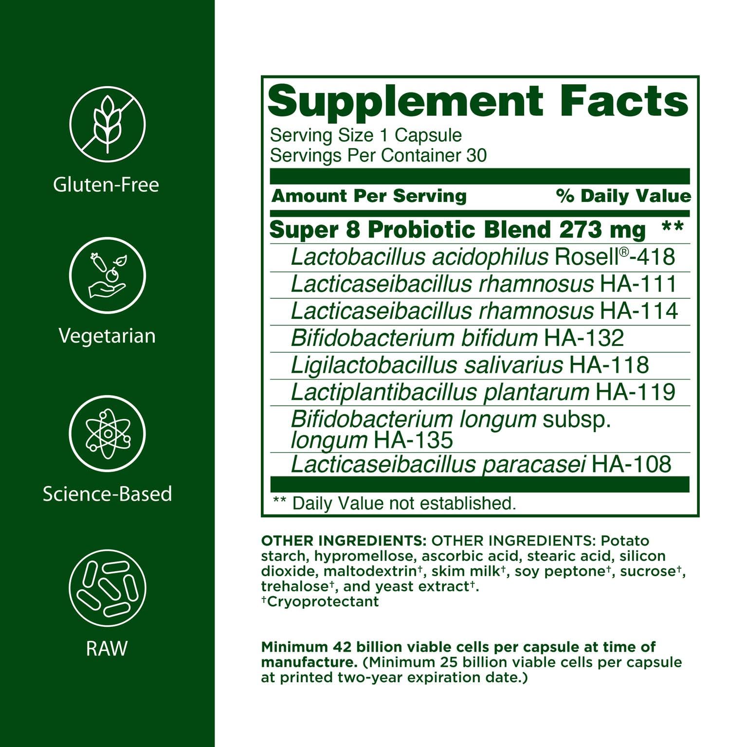 Flora Super 8 potency capsules close-up showing high CFU per serving.
