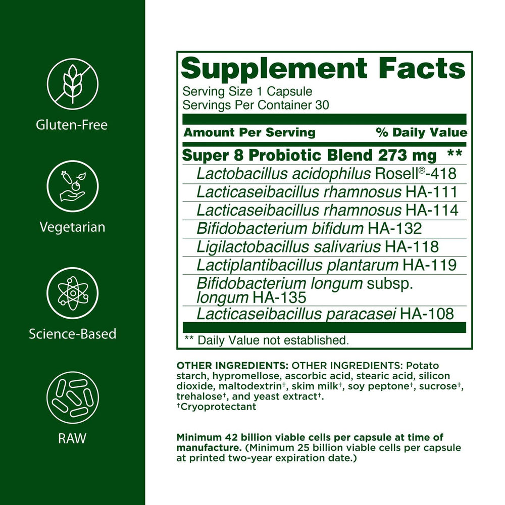 Flora Super 8 potency capsules close-up showing high CFU per serving.
