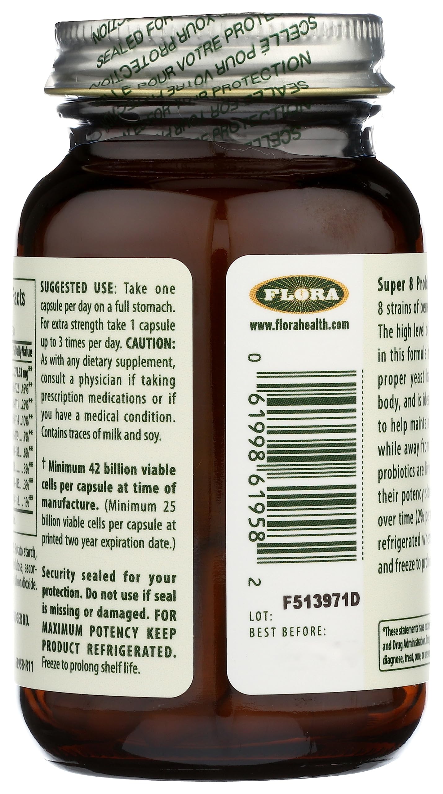 Flora Super 8 probiotic backdrop with capsules and bottle together.