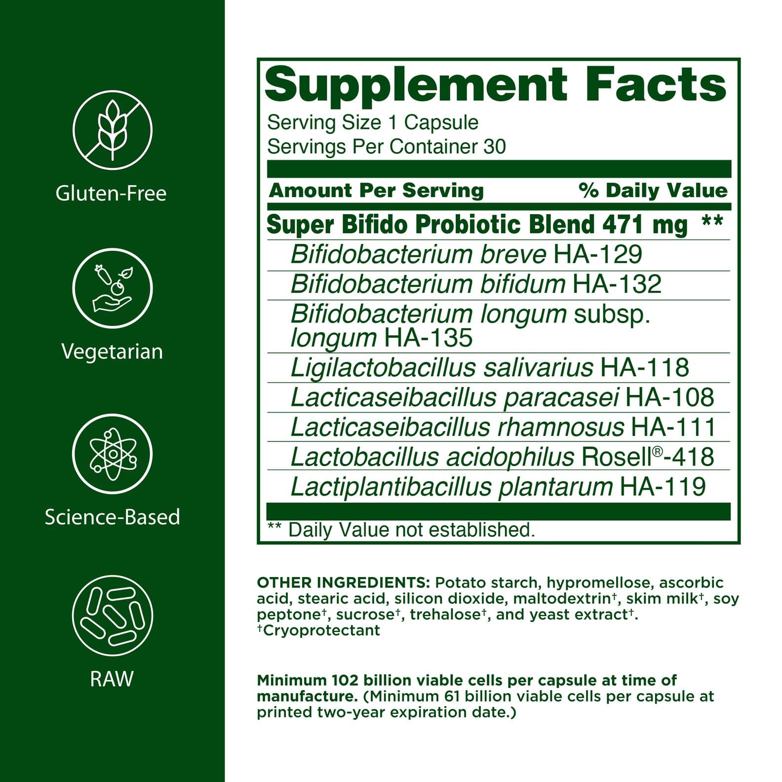 Flora Super Bifido Plus label close-up highlighting strains and potency.