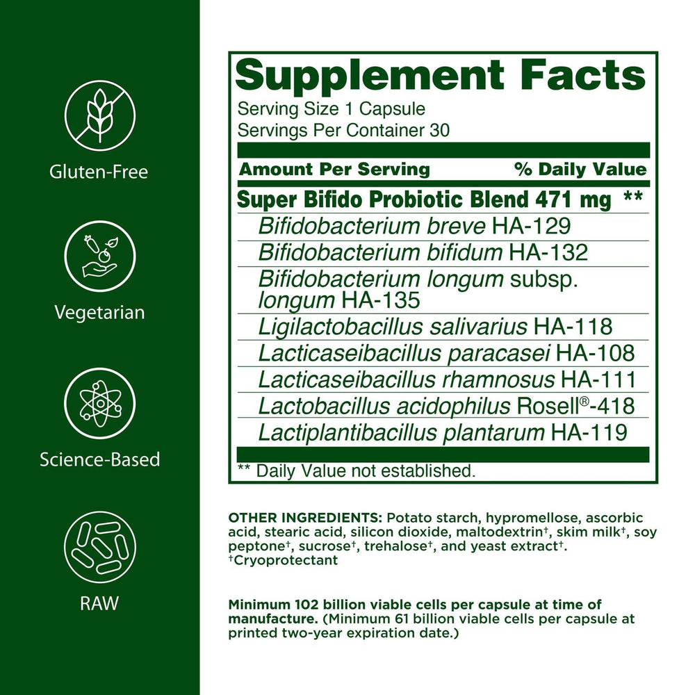 Flora Super Bifido Plus label close-up highlighting strains and potency.