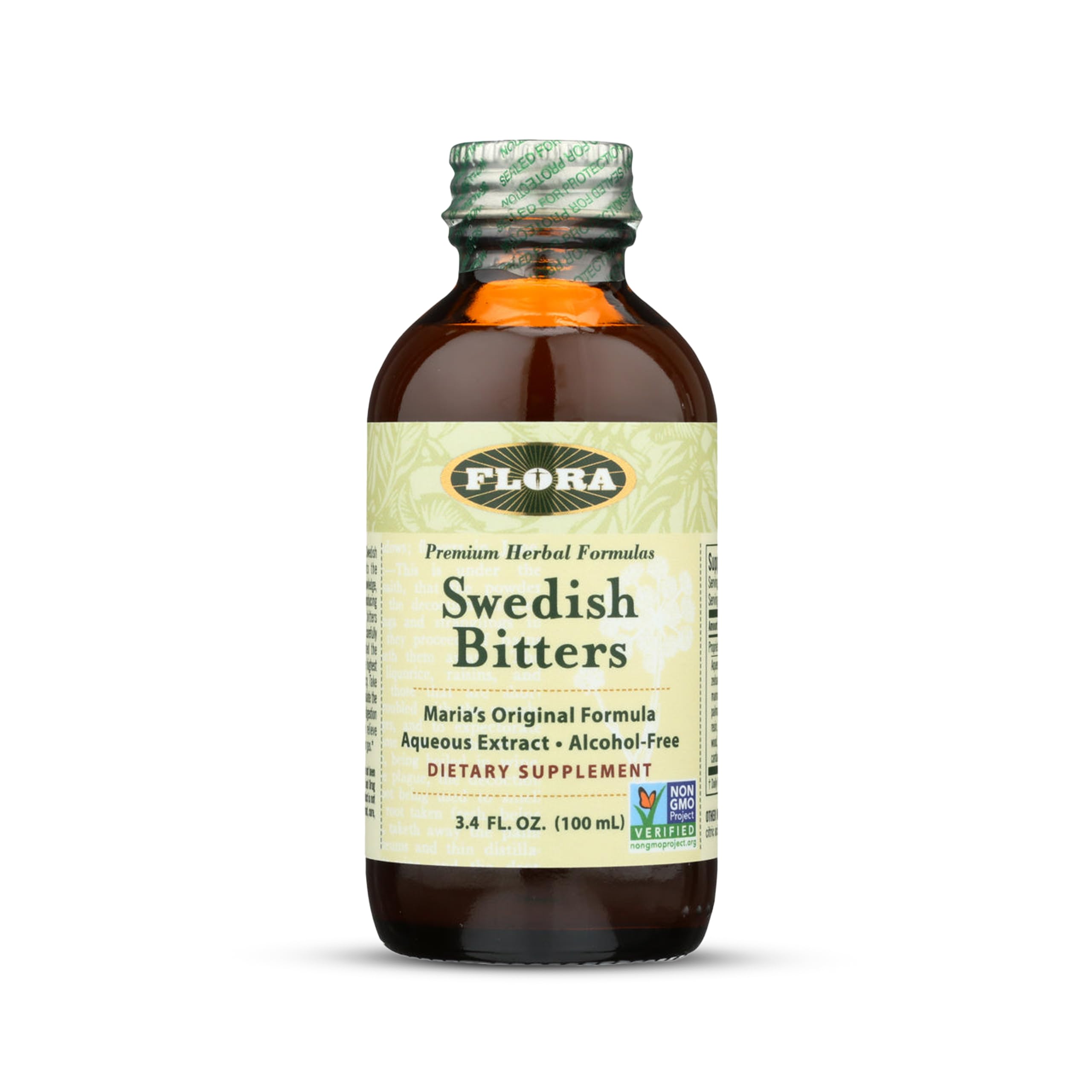 Flora Swedish Bitters bottle close-up highlighting premium packaging for pre-meal use.