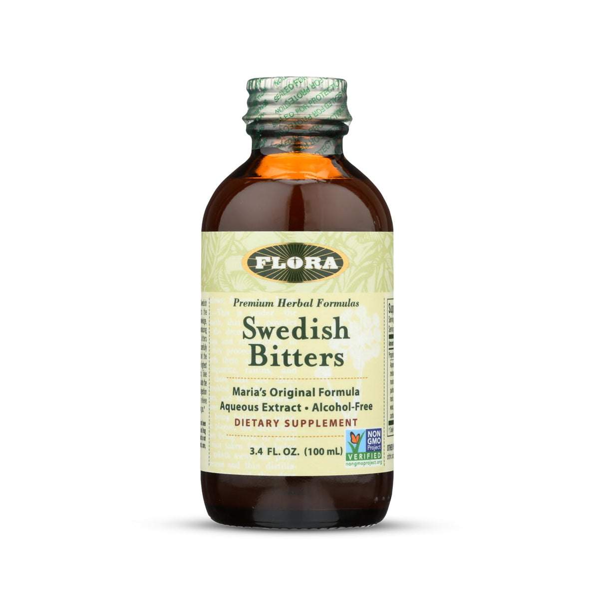 Flora Swedish Bitters bottle close-up highlighting premium packaging for pre-meal use.