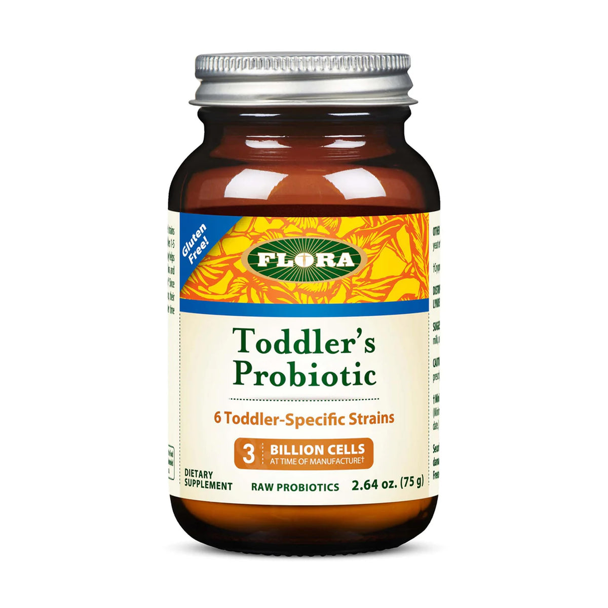 Flora toddler probiotic powder bottle with label, signaling kid-friendly digestive support