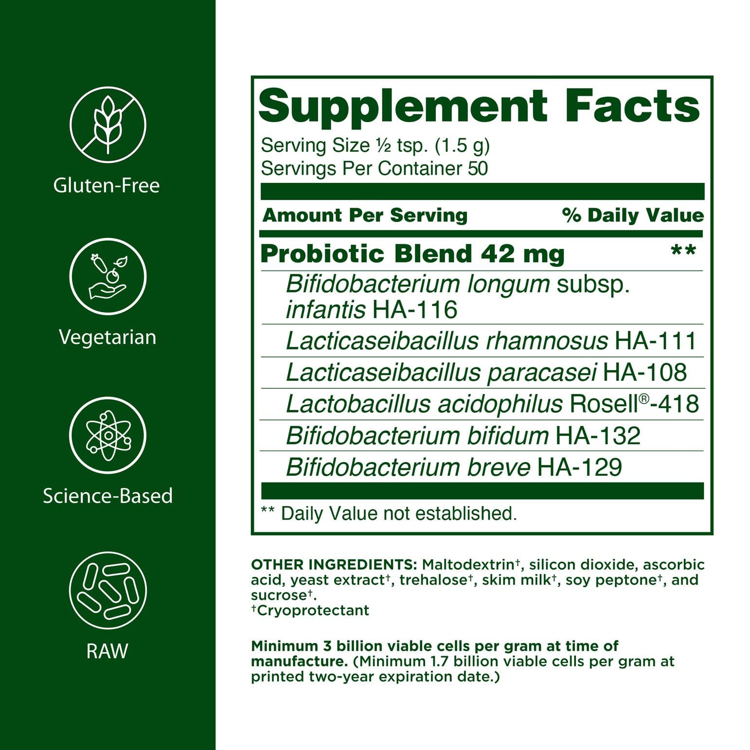 Flora toddler probiotic powder packaging close-up highlighting vegetarian and gluten-free features