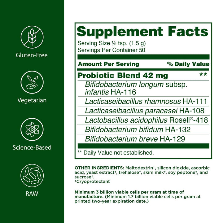 Flora toddler probiotic powder packaging close-up highlighting vegetarian and gluten-free features