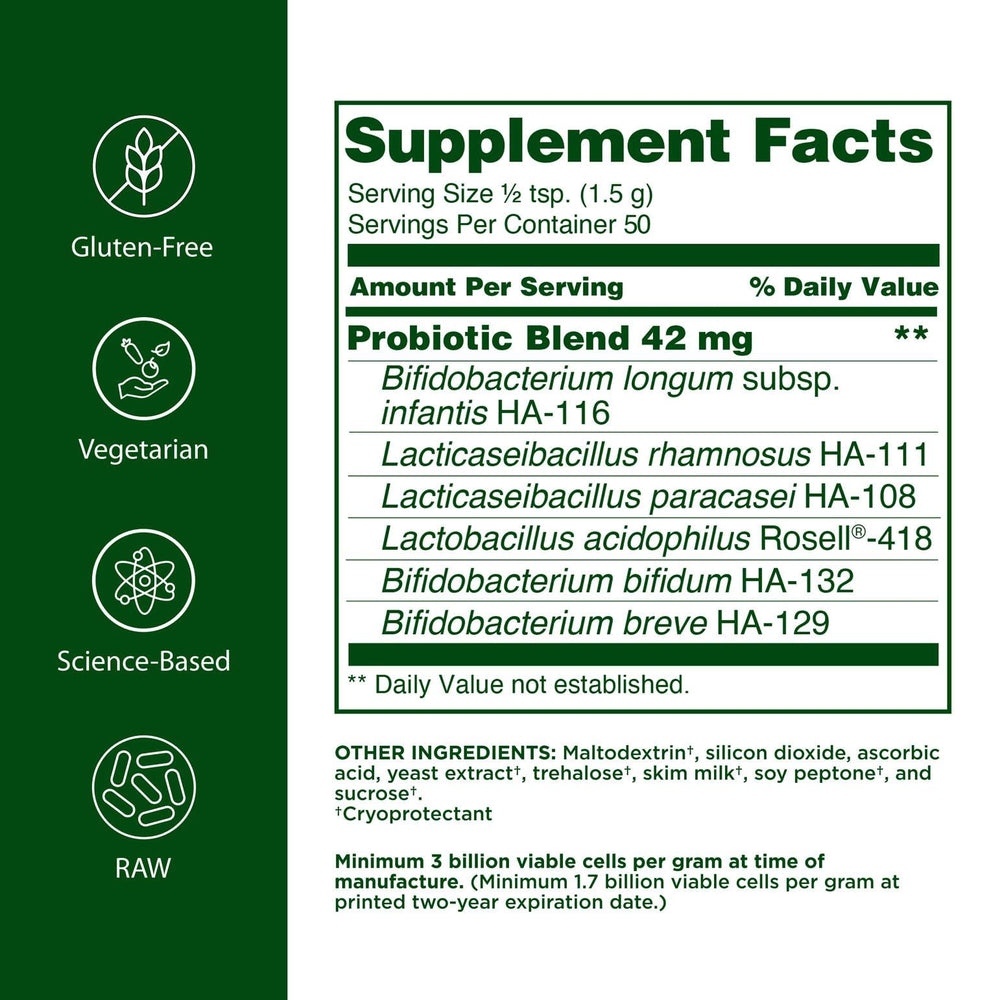Flora toddler probiotic powder packaging close-up highlighting vegetarian and gluten-free features