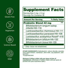 Flora toddler probiotic powder packaging close-up highlighting vegetarian and gluten-free features
