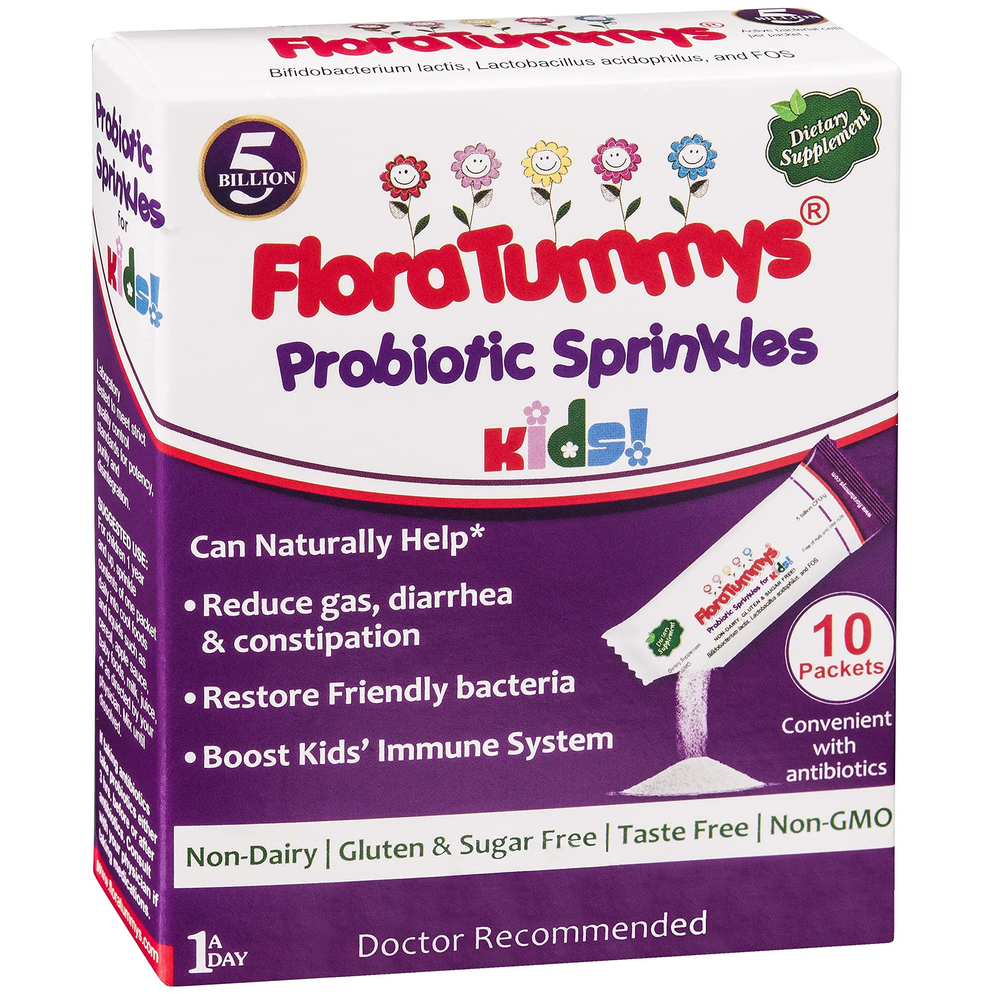 FloraTummys Probiotic Sprinkles box front for travel-ready gut support.
