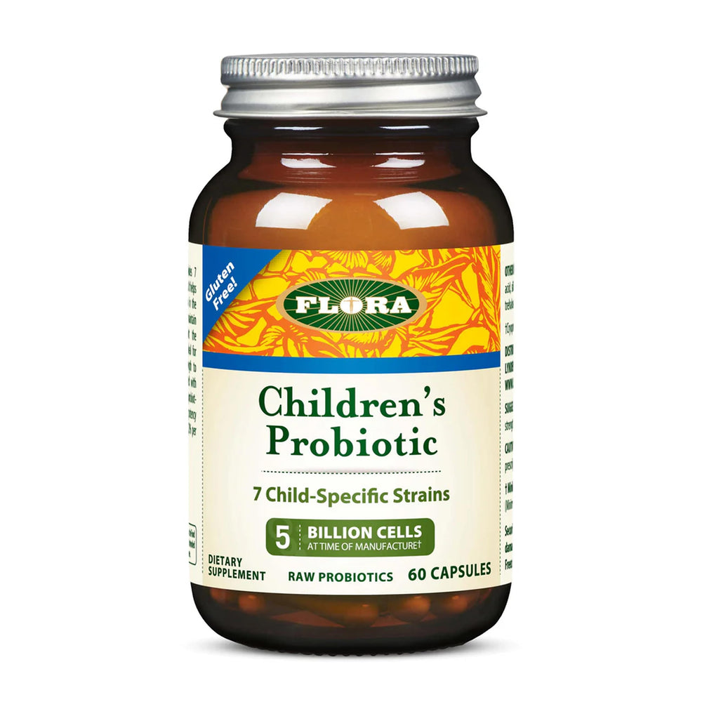 Flora Udo's Choice Children's Probiotic bottle with seven strains for gut balance.