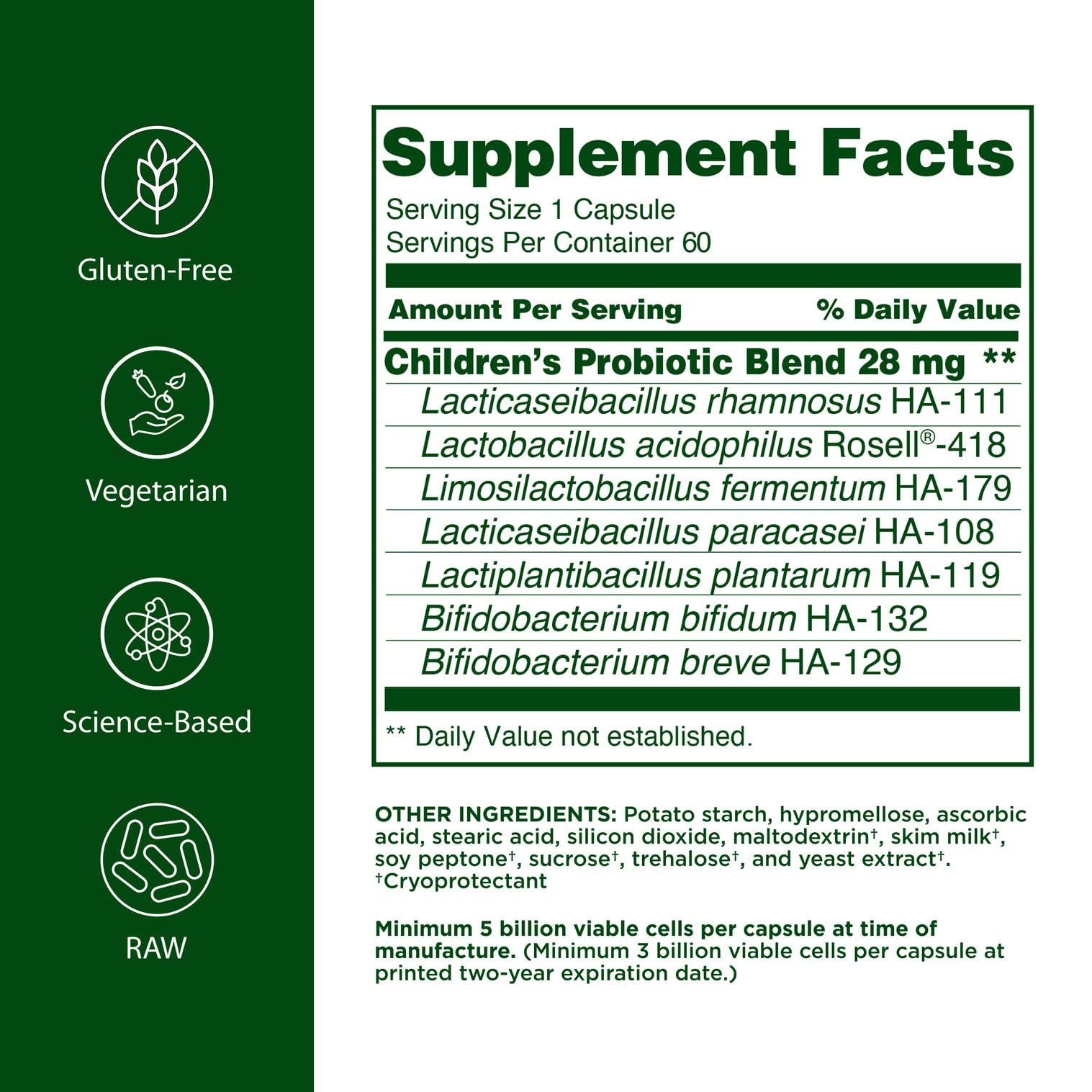 Label closeup of Flora Udo's Choice Children's Probiotic showing seven strains for ages 5-15.