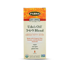Flora Udo's Omega 369 bottle label highlighting organic oils