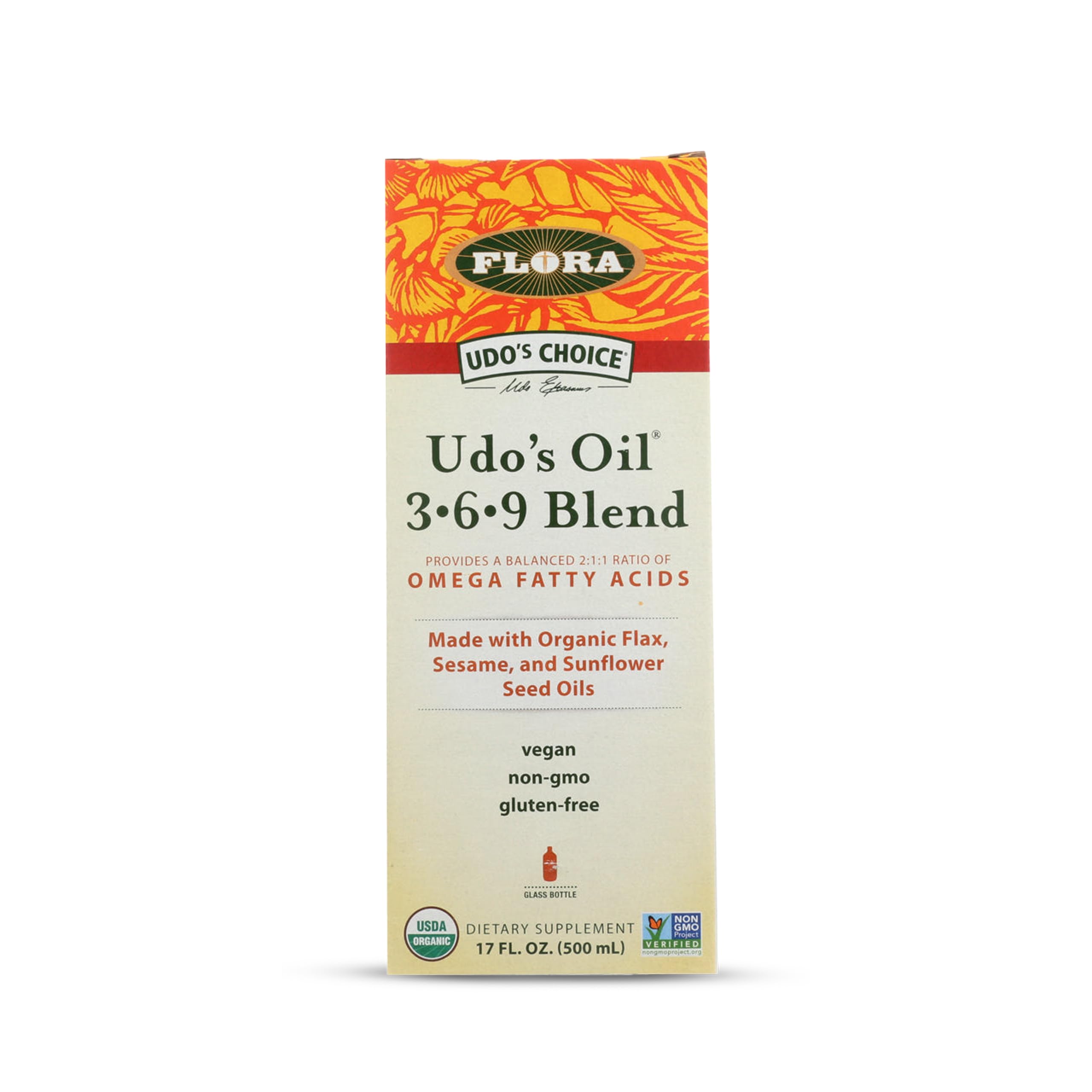 Flora Udo's Choice Omega 369 bottle — balanced blend for everyday meals.