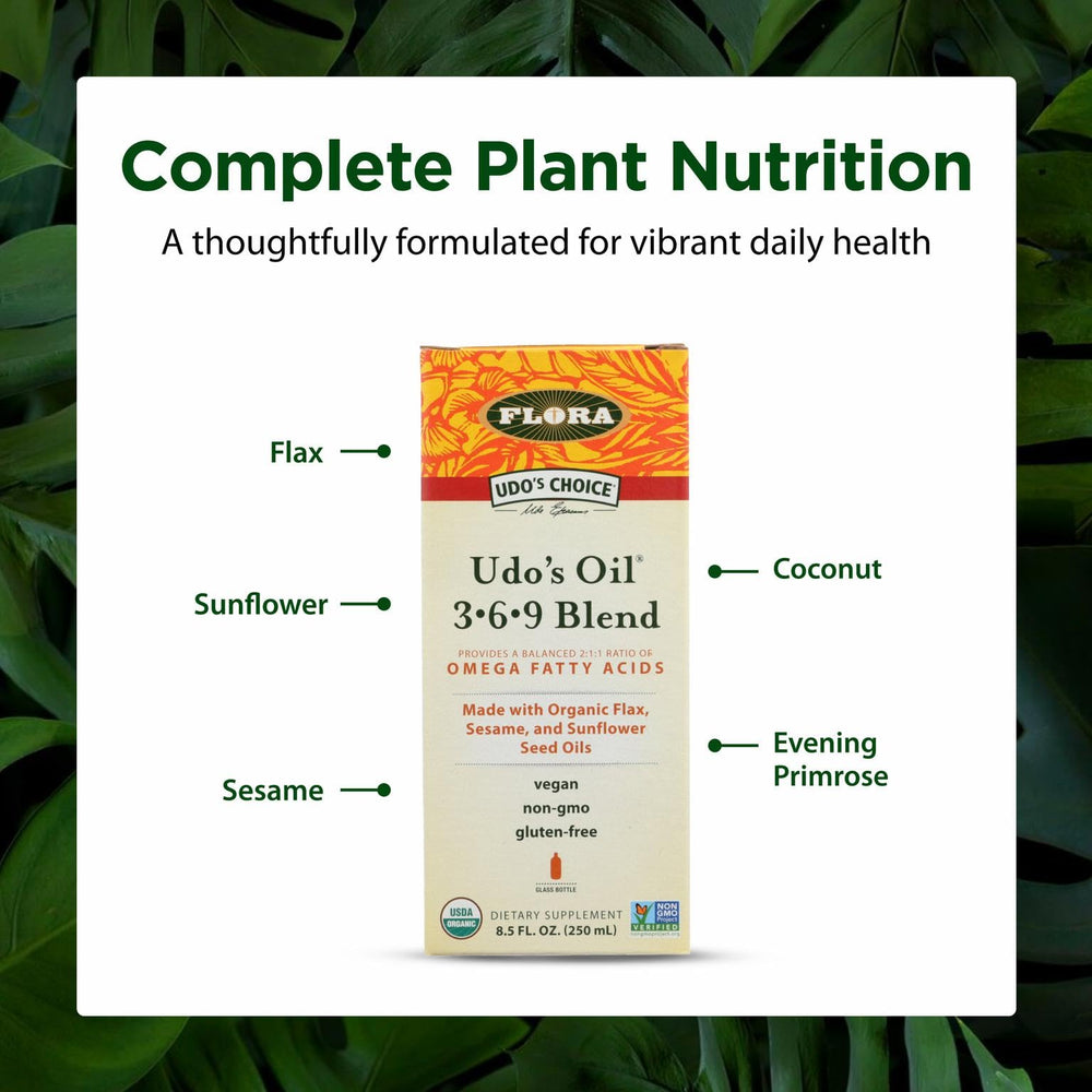 Flora Udo's Omega 369 ingredients spread with flax, sesame and sunflower oils