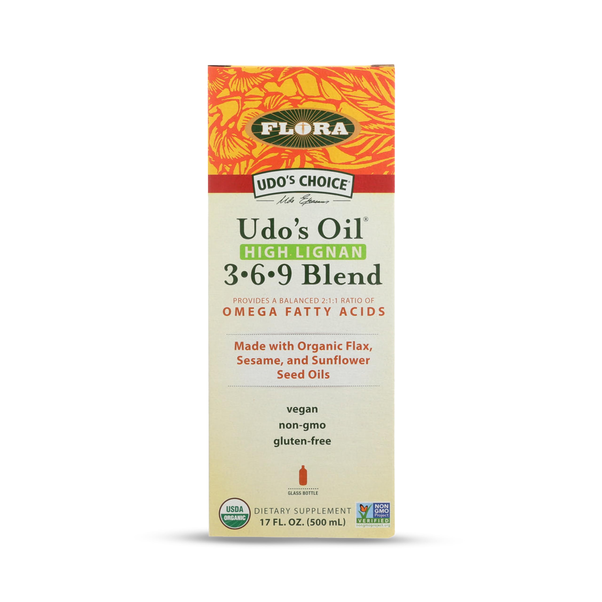 Flora Udo's High-Lignan 369 bottle showing balanced EFAs for daily use