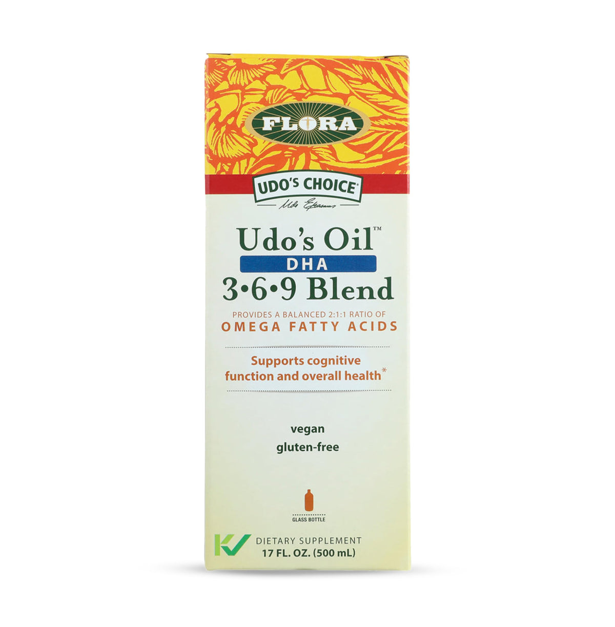 Flora Udo's Oil DHA 3-6-9 bottle label highlighting vegan DHA and organic oils.