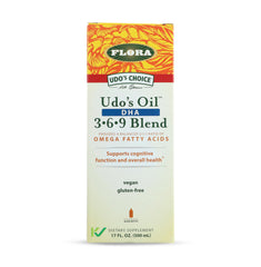 Flora Udo's Oil DHA 3-6-9 bottle label highlighting vegan DHA and organic oils.